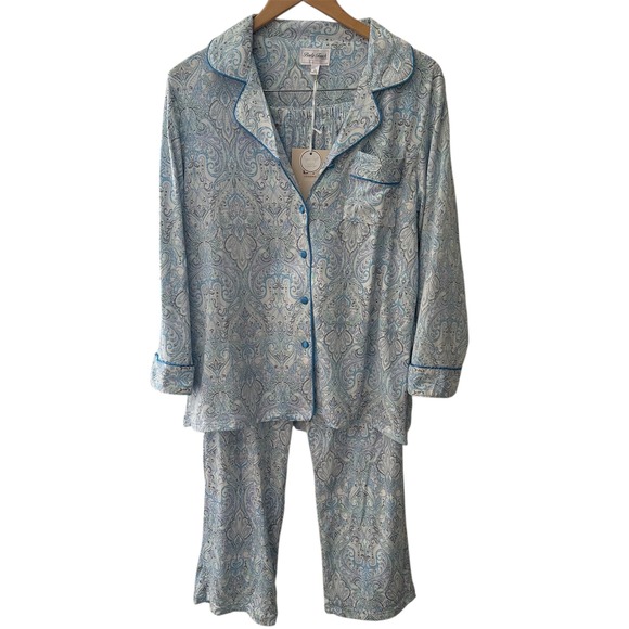 Body Touch Lingerie Classic Pajama Set Paisley Print Blue White Size Large NEW - Picture 2 of 7